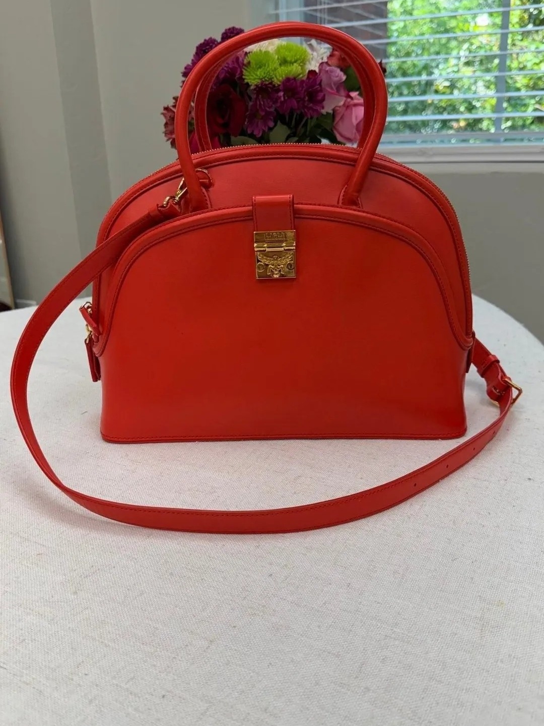Mcm Orange-Red Dome Satchel With Gold Hardware